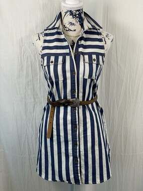 XTAREN Blue and White Striped Sleeveless Button-Down Shirt Dress Sz S. BELT NOT